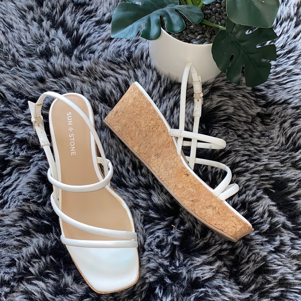 Sun + Stone White Strappy Wedges